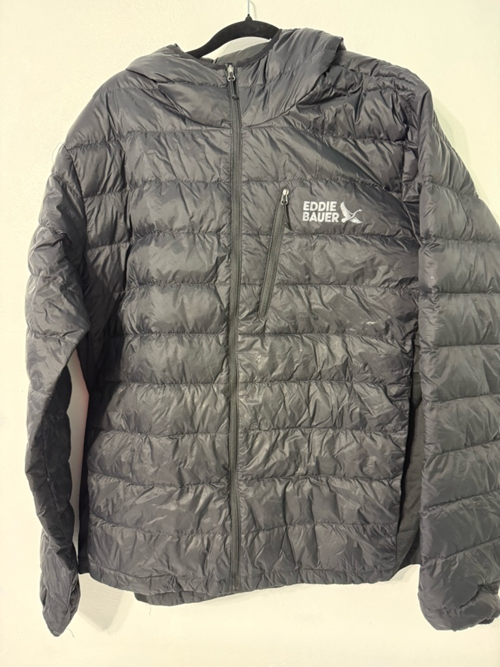 Eddie Bauer Men's Black 550 Down Packable Puffer Jacket with Hood FLAW